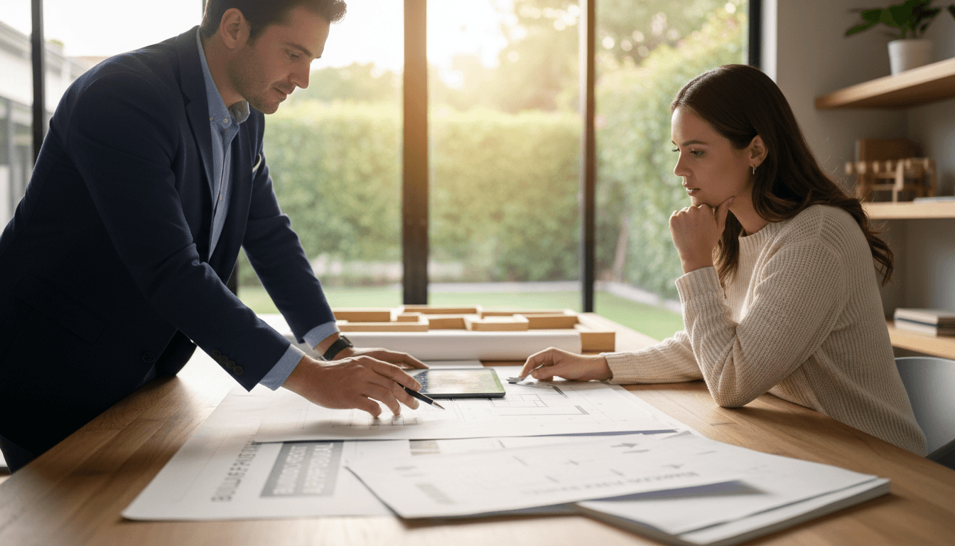 Professional photograph of a homeowner and compliance consultant reviewing building documents at a desk in a modern home office setting.